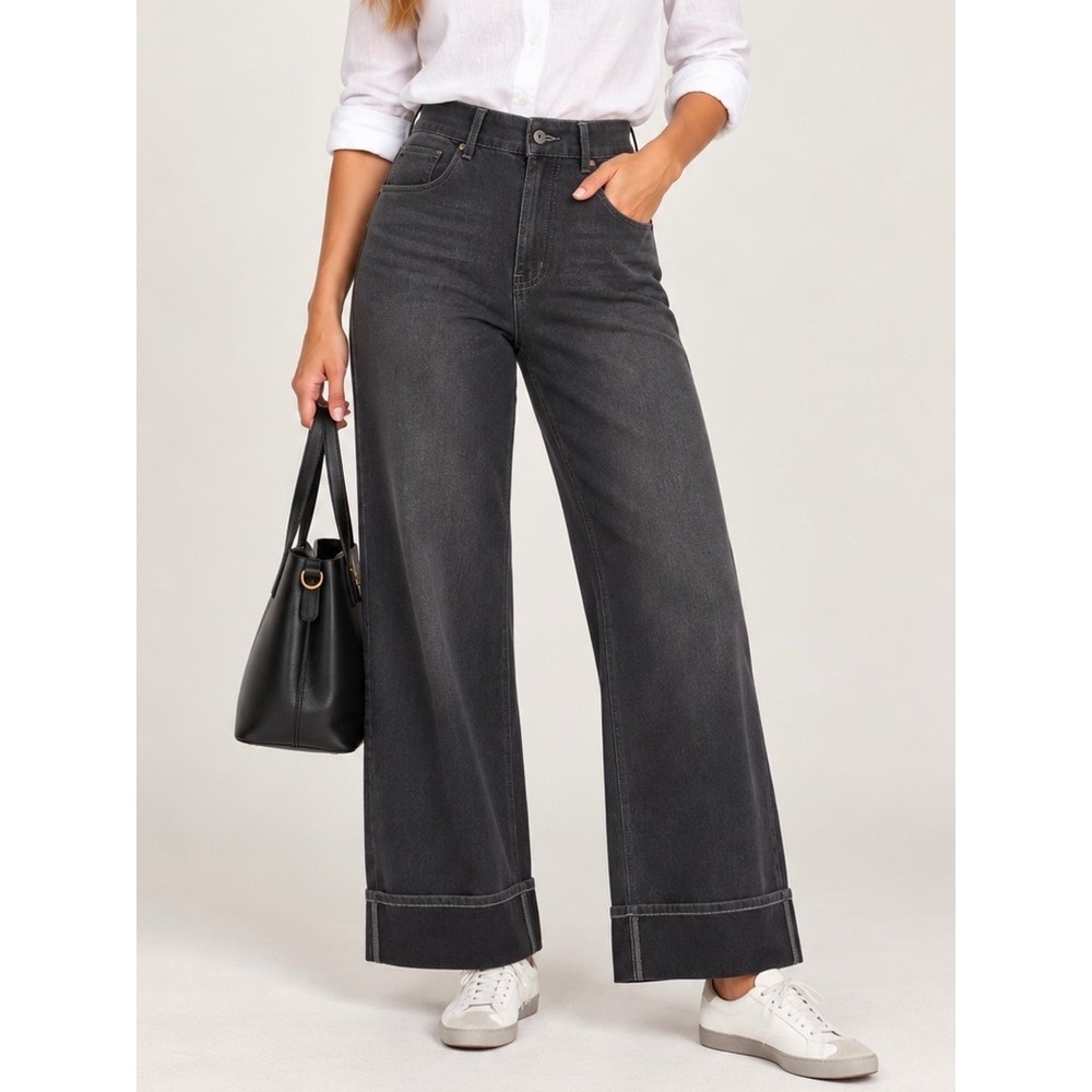 Halara Flex High Waisted Wide Leg Jeans Charcoal Gray Rolled Cuff Stretchy Large